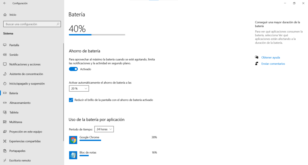 ahorrador de batería en Windows 10