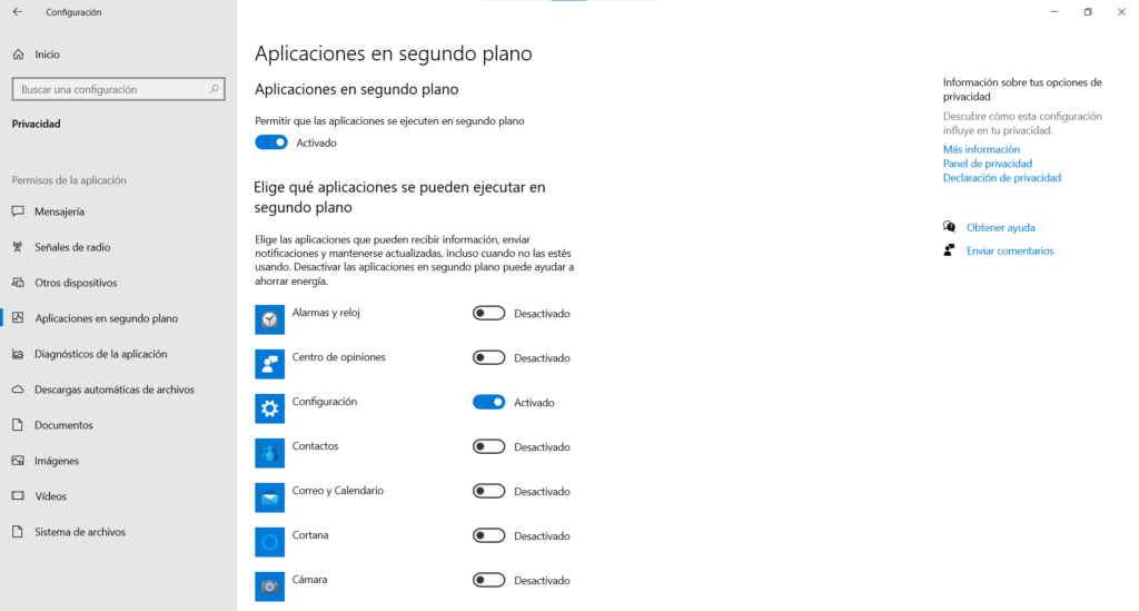 Aplicaciones en segundo plano Windows 10